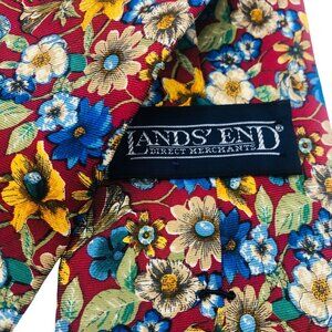 Lands’ End All-Over Floral Botanical Print Silk Necktie Hand Sewn USA Vintage